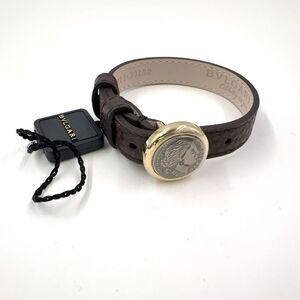 Bvlgari Monete Ancient Coin Motif Leather Brown Bracelet Silver
